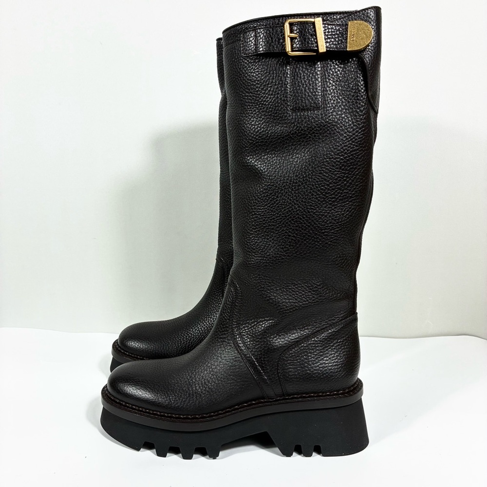 Chloe Owena Pebbled Leather Knee High Platform Boots EU 40.5 Enigmatic Brown NEW